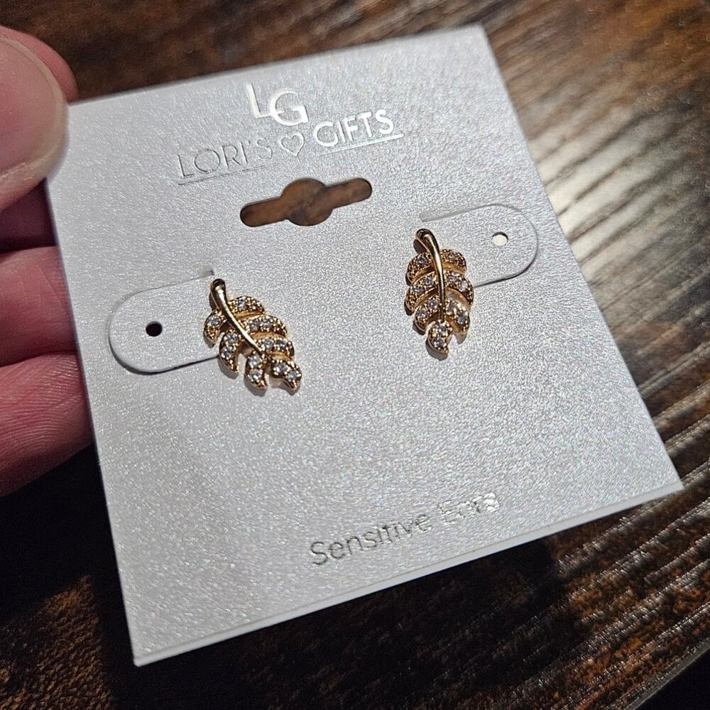 Lori's Gifts Gold-Tone Leaf-Shaped Studs w/ Paved Crystal ~ Sensitive Ears